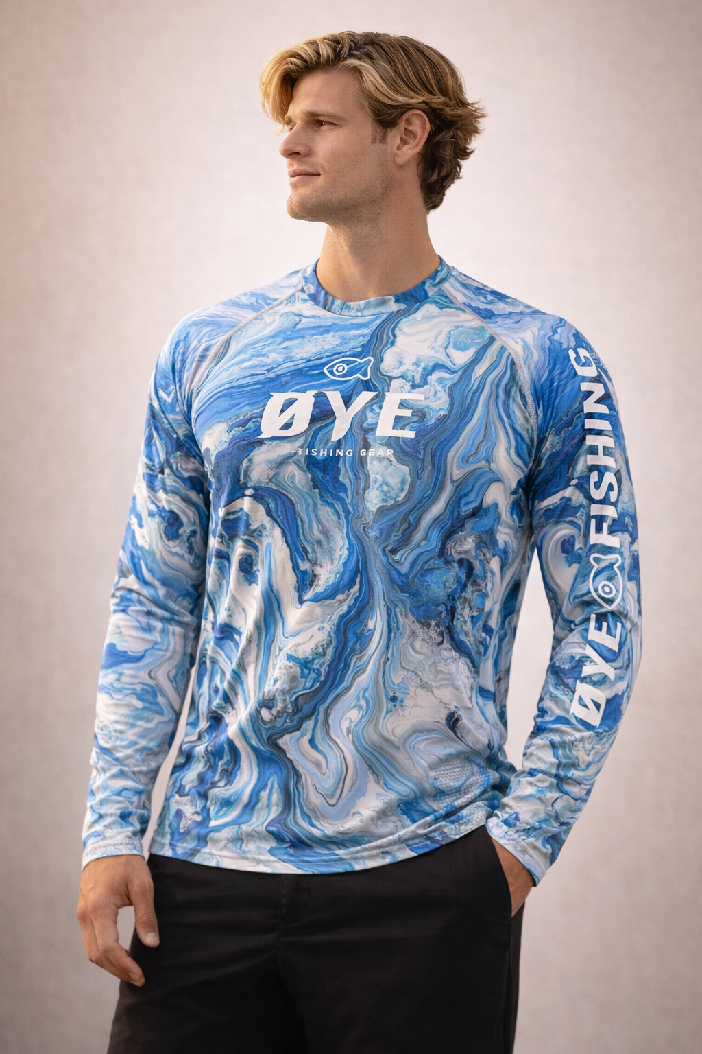 ØYE VENTUS men's long sleeve fishing shirt in Vortex Blue with ØTECH fabric, UPF 50+ sun protection and quick-dry performance.