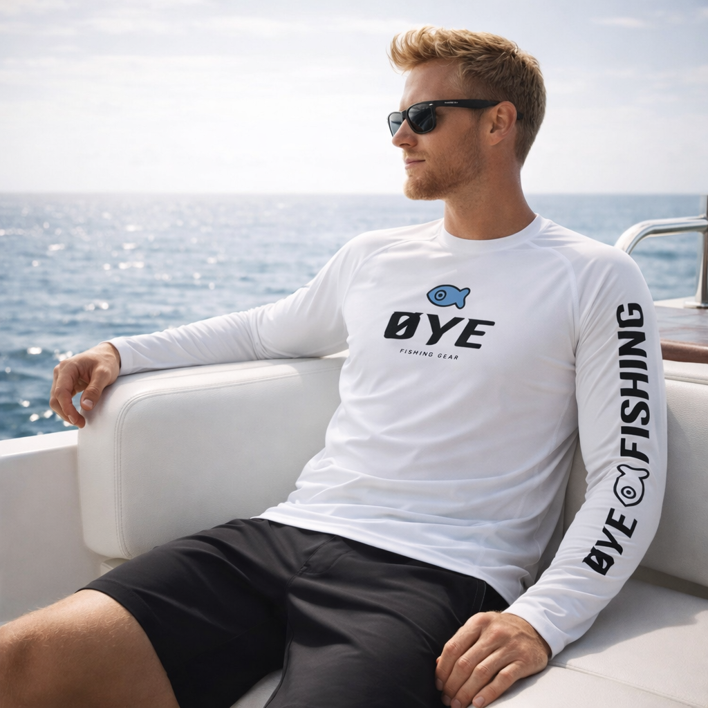 ØYE ARV men's long sleeve fishing shirt in white with ØTECH fabric, UPF 50+ sun protection and quick-dry performance.
