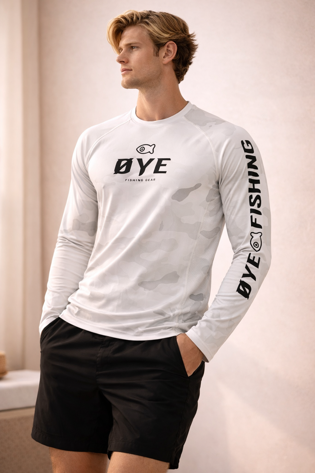 ØYE VENTUS men's long sleeve fishing shirt with ØTECH fabric in White camo.