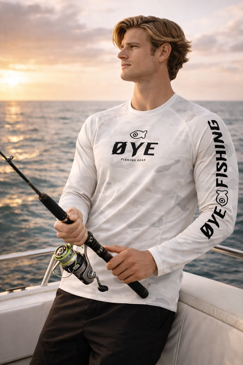 ØYE VENTUS men's long sleeve fishing shirt in White Camo Classic with ØTECH fabric, UPF 50+ sun protection and quick-dry performance.