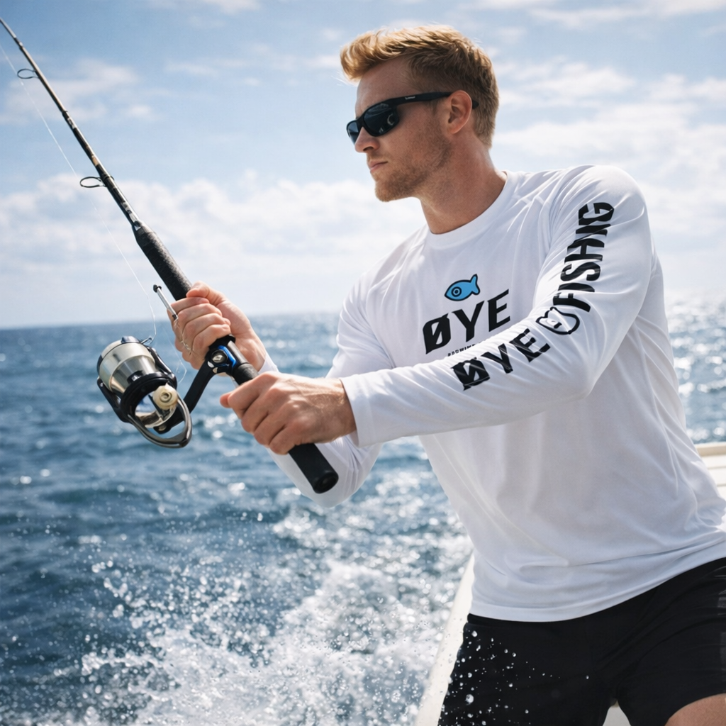 ØYE ARV men's long sleeve fishing shirt in white with ØTECH fabric, UPF 50+ sun protection and quick-dry performance.