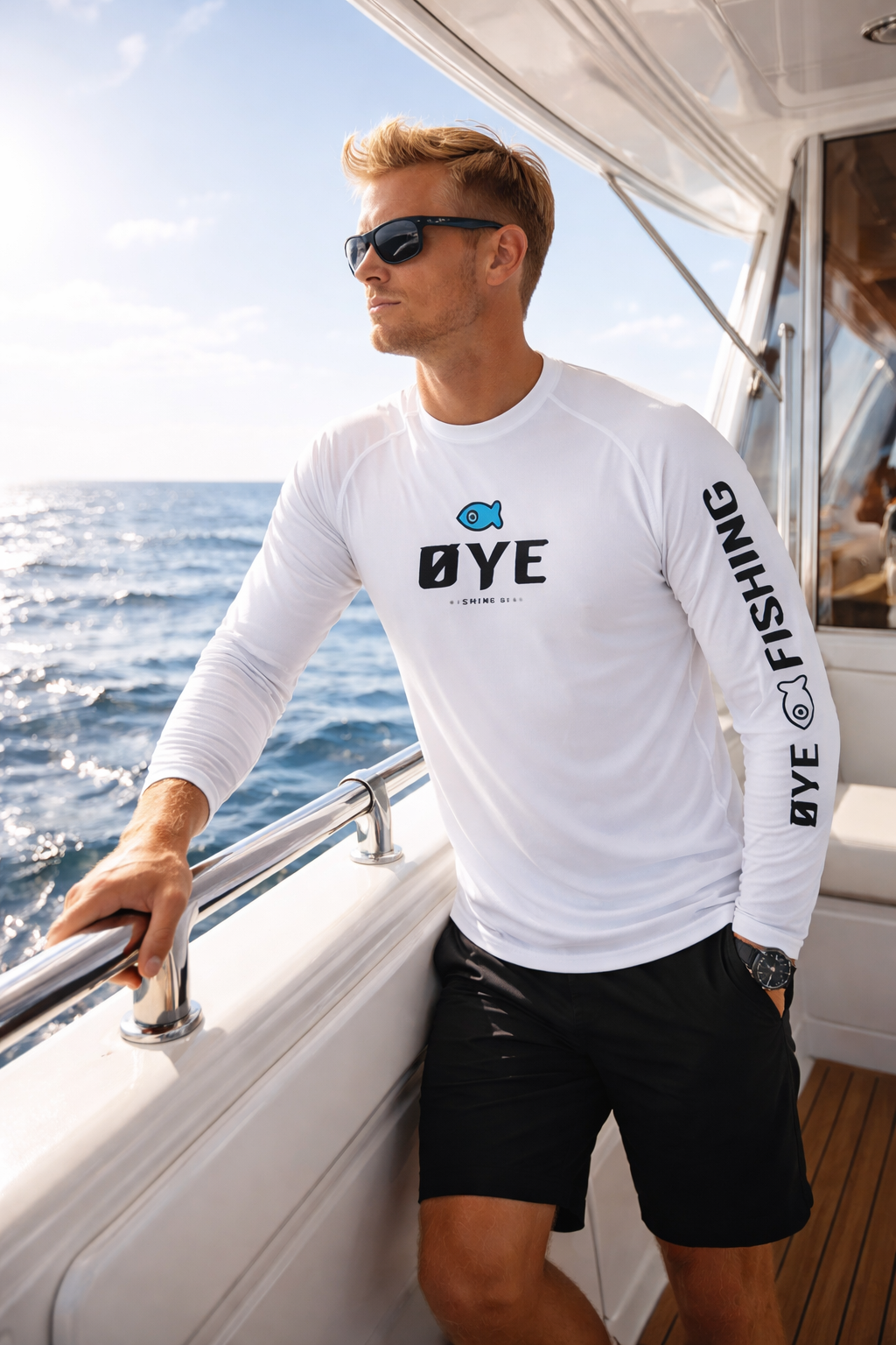 ØYE ARV men's long sleeve fishing shirt in white with ØTECH fabric, UPF 50+ sun protection and quick-dry performance.