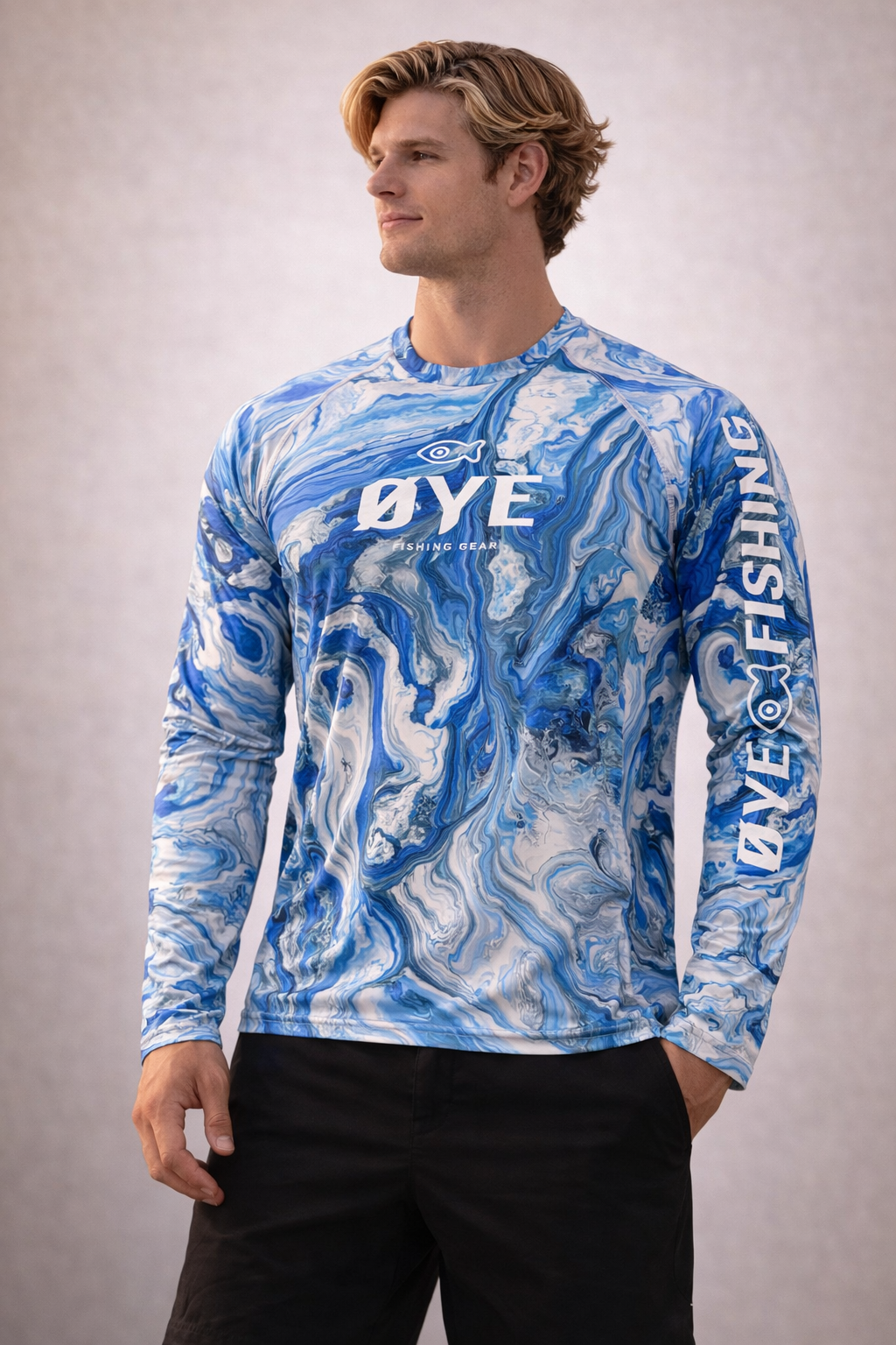 ØYE VENTUS men's long sleeve fishing shirt in Vortex Blue with ØTECH fabric, UPF 50+ sun protection and quick-dry performance.